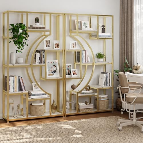HolliWill Modern Book Shelf, White and Gold Bookshelf, 70.8 Inch Tall Etagere...