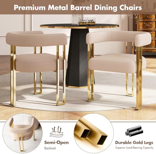 Hyfirm Velvet Dining Chairs Set of 6, Khaki Upholstered Barrel Armchairs with...