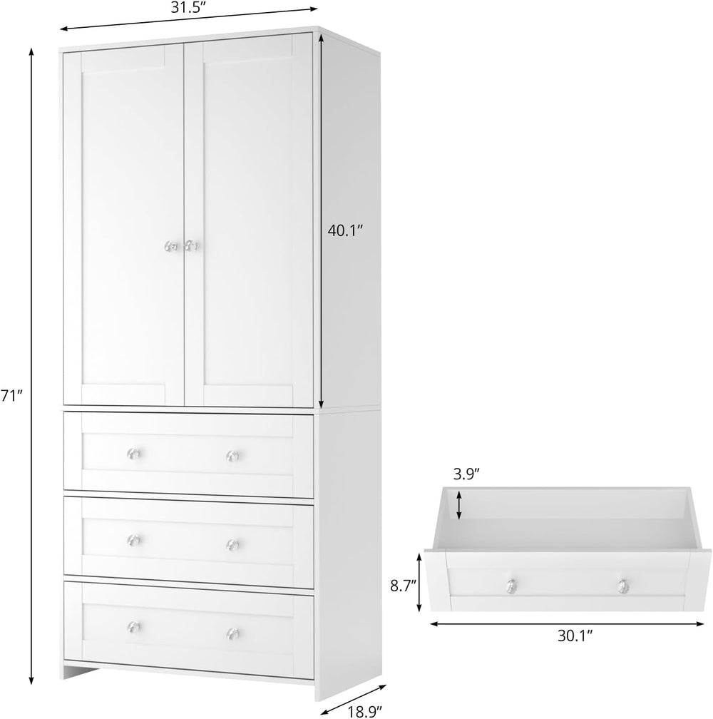 VOWNER 71" Tall Armoire Wardrobe Closet with Drawers and Mirror