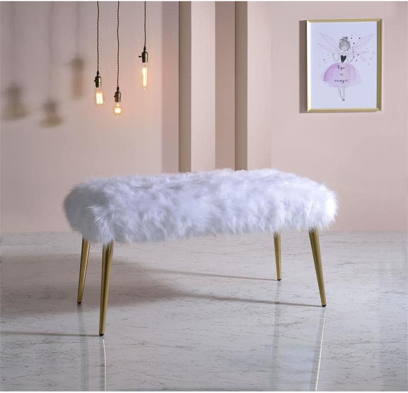 Acme Bagley II Bench, White Faux Fur & Gold