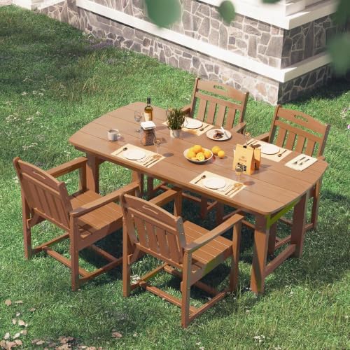 HDPE Outdoor Dining Set, Patio Table and 4 Chairs, 2" Umbrella Hole, Teak
