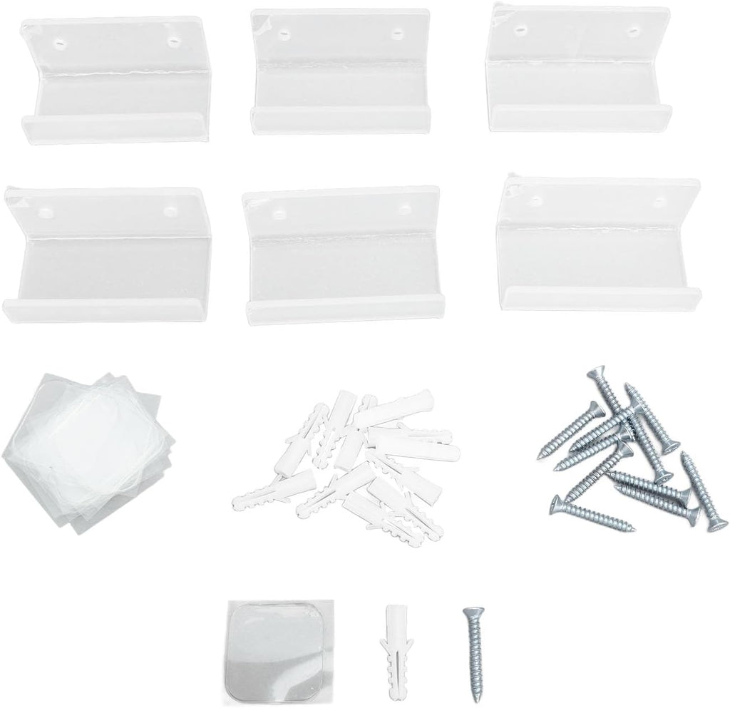 6Pcs Clear Acrylic Record Shelf, Wall Mount Vinyls CD Storage Rack Floating Shelves with Mounting Accessories, for Home Office Living Room Bedroom