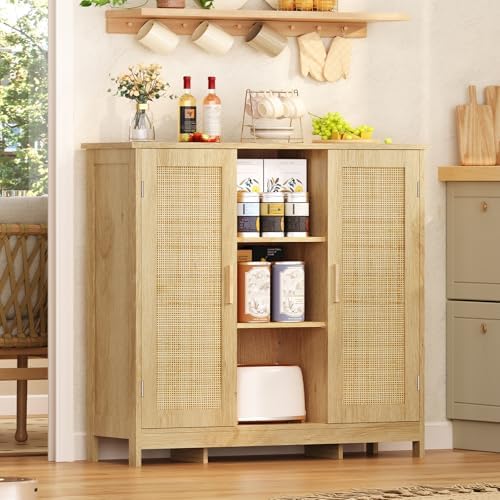 Iwell Rattan Storage Cabinet with 4 Adjustable Shelves, Coffee Bar Cabinet, S...