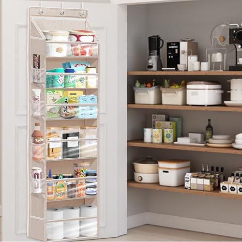 Over Door Organizer with 6 Extra Large Pockets 12 Side Pockets, 2-Pack Sturdy Closet Rack, Hanging Storage Organizer with Clear Window for Shoes, Diapers, Bedroom, Bathroom, Beige