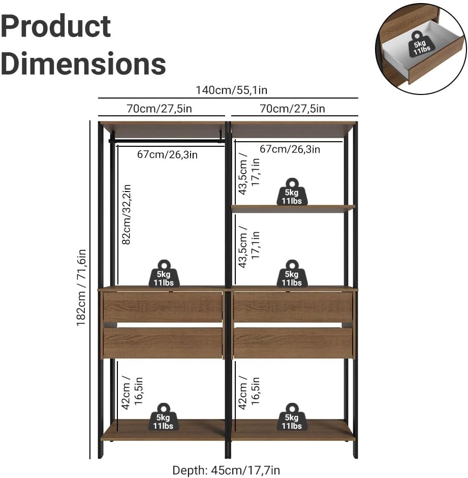 Madesa Kitchen Pantry Storage Rack with 4 Drawers, 5 Shelves and Hanging Spac...