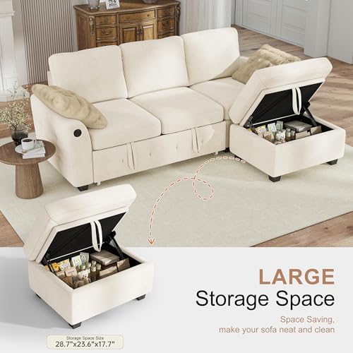 Hanherry 81" Sectional Couch with Pull Out Sofa Bed,Chenille Sleeper Sof...