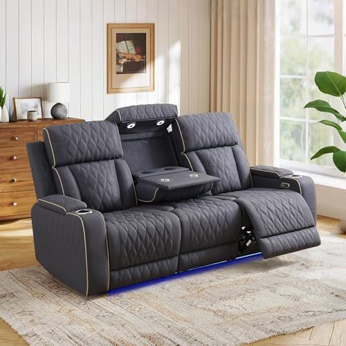 Power Reclining Sofa Set with USB Charging/LED, Blueish Grey Leather Recliner...