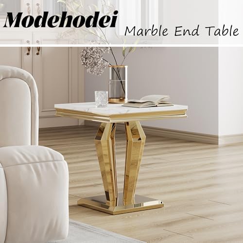 Faux Marble End Table, Modern 23" Square Side Table with Marble Tabletop...