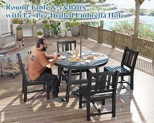 AMERLIFE Outdoor Dining Set for 4, HDPE Round Table and Chairs, Black