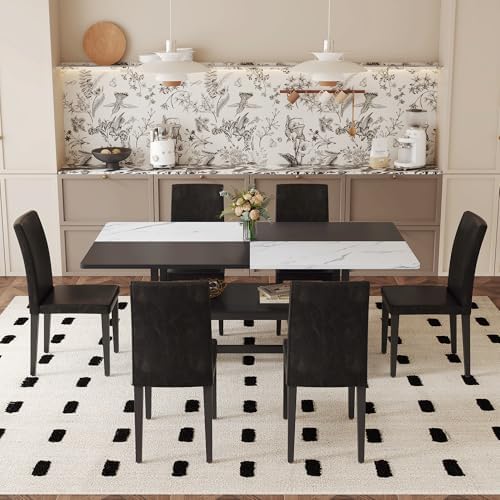 71" Dinner Table Set for 6, Modern Dining Table Set for 6, Black and Whi...