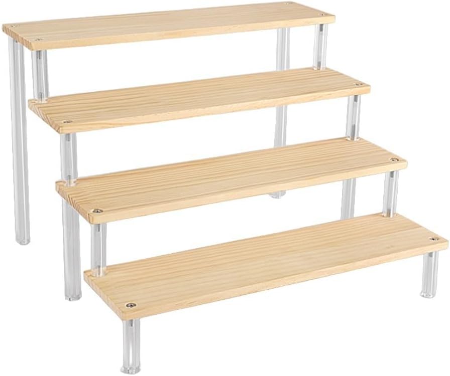 FABULETTA Wooden Ladder Display Rack with for Acrylic Shelves, Multi-Tier Storage Organizer for Collectibles, Cosmetics & Desserts, Rustic Home Decor Stand, Available in 20-50Cm Sizes(1 Layer 30cm)