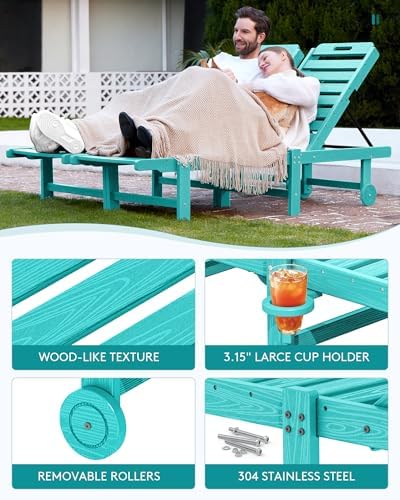 SERWALL HDPE Outdoor Chaise Lounge Set of 2 with Cup Holder & Wheels, Aru...