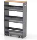 POWERSTONE 4-Tier Slim Storage Cart, Narrow Kitchen Rolling Cart w/Handle & Open Shelves, Skinny Slide Out Utility Organizer Trolley for Kitchen Bathroom Laundry Small Spaces Grey & Natural