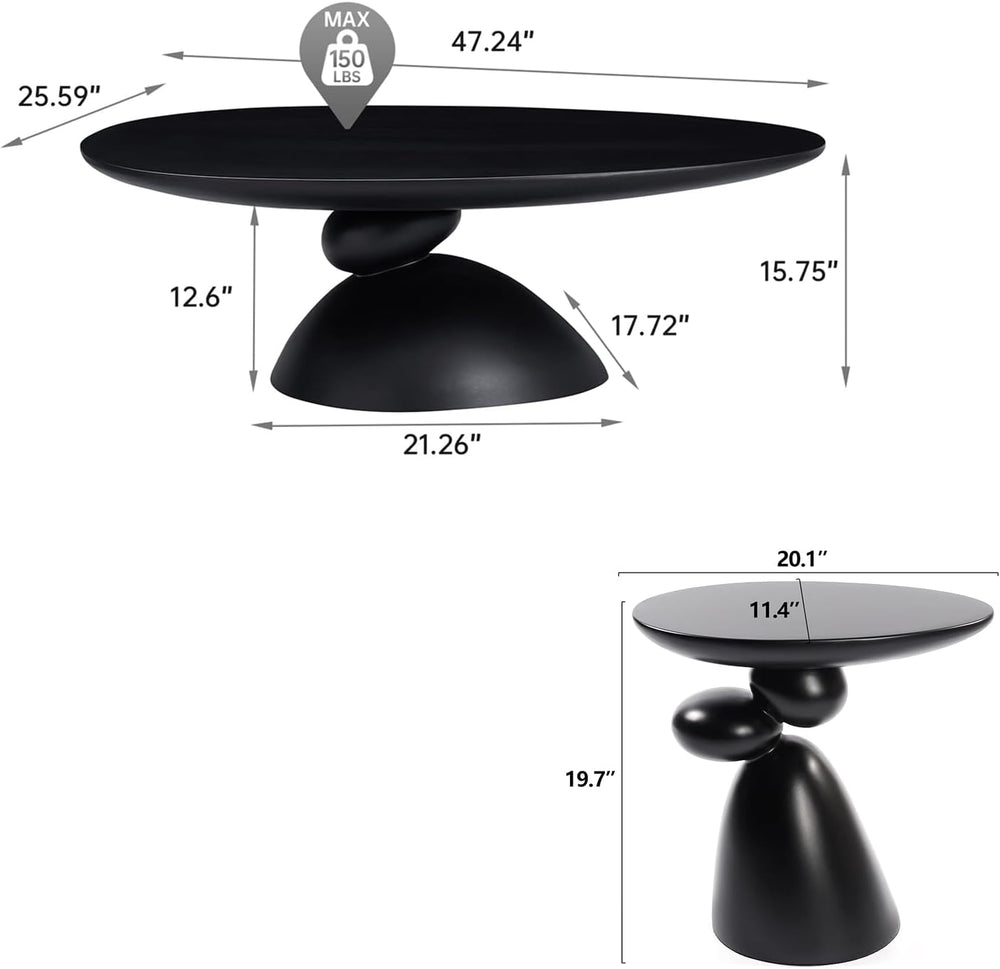 Coffee Table & 2 Side Tables Set, 47", Sculptural Base, Fiberglass, ...