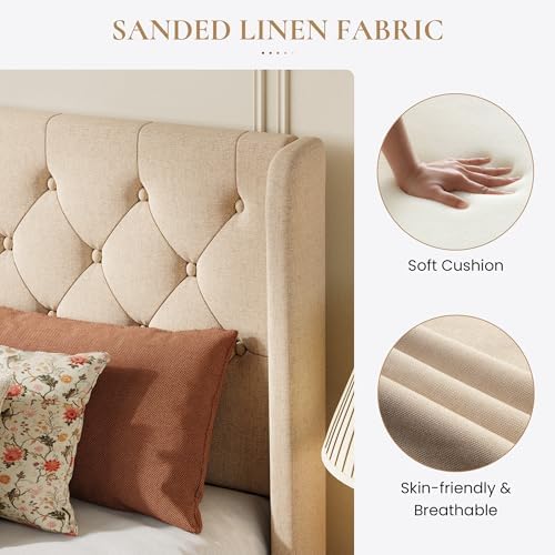 SHA CERLIN Queen Upholstered Bed Frame, Button Tufted Design, Beige