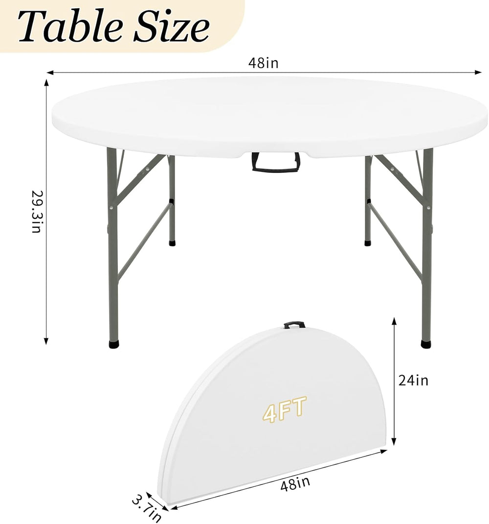 HAISIWLKJ 4FT Round Folding Table White Fold-in-Half with Carrying Handle Por...