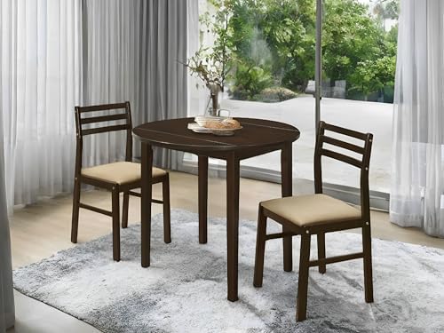 CARTESIAN 3-Piece Round Drop Leaf Dining Set, Cappuccino Table with Ladder Ba...