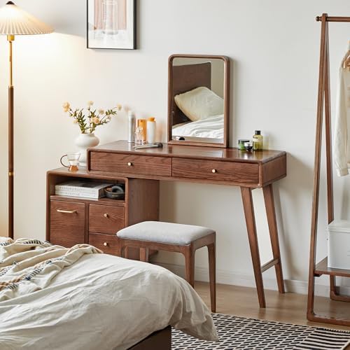 YESWOOD 35''-50'' Extendable Vanity Desk with Dresser, Oak Wo...
