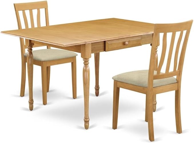 East West Furniture MZAN3-OAK-C 3 Piece Dining Room Table Set Contains a Rectangle Kitchen Table with Dropleaf and 2 Linen Fabric Upholstered Dining Chairs, 36x54 Inch, Oak