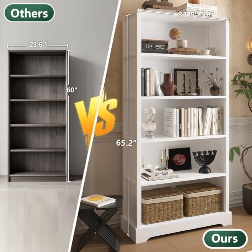 TVU 5 Tiers Wooden Bookshelf, 65.2" Tall Farmhouse Style Open Bookcase, ...
