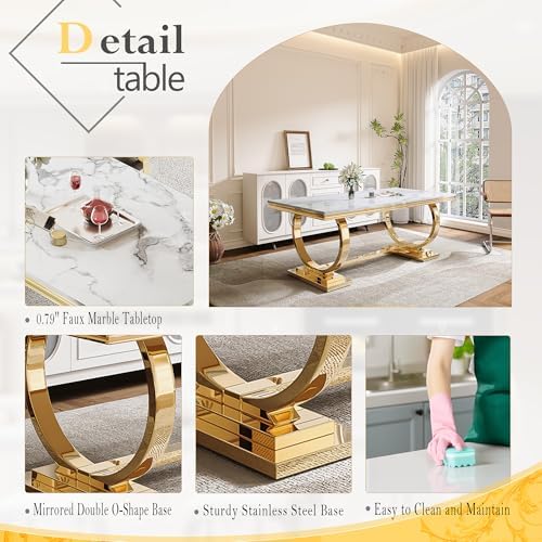 70" Marble Dining Table Set for 6 Gold Base with Kitchen Chairs | Faux M...