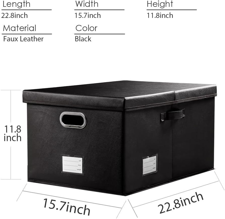 Collapsible Storage Box with Lid [1-Pack] Leather Fabric Foldable Storage Bin Organizer Container Basket Cube with Cover for Home Bedroom Closet Office Nursery Black (22.8X15.7X11.8)