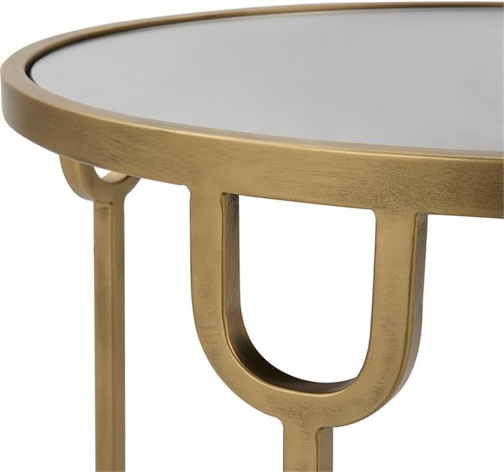 BOWERY HILL Round Two-Tier Iron Accent Table, Antique Gold Finish, Mirrored T...