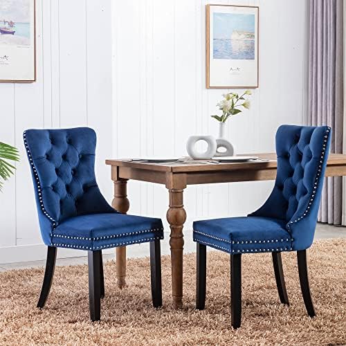 Virabit Blue Set of 2, Velvet Tufted Dining Chairs with Nailhead Back and Rin...