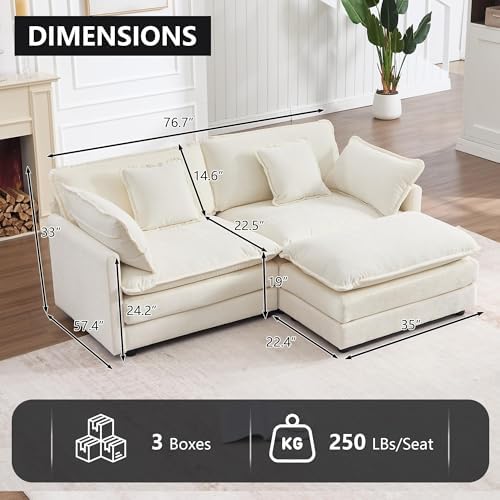 Tmsan 76.7" Beige White Cloud Couch, Small L Shape Sectional Sofa, 2 Sea...