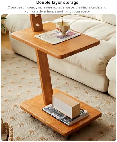 Solid Wood 2-Tier Side Table with Adjustable Height, Mobile End Table & S...