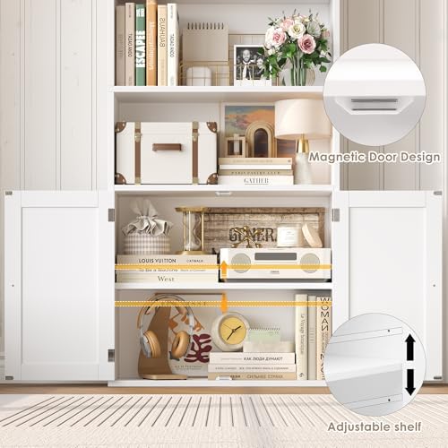 FACBOTALL 82" Tall Bookcase, Farmhouse Bookshelf with Doors, White