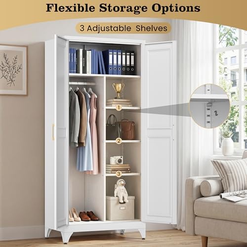 71" Metal Storage Cabinet with Hanging Rod, Tall White Wardrobe Closet w...