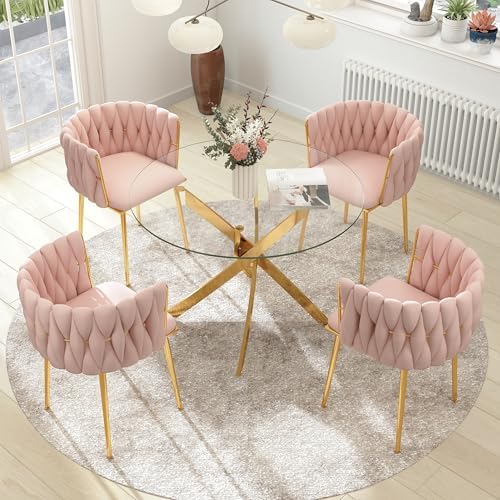 Gold Luxury Round Glass Dining Table Set for 4, 5 Pcs Clear Circle Glass Top ...