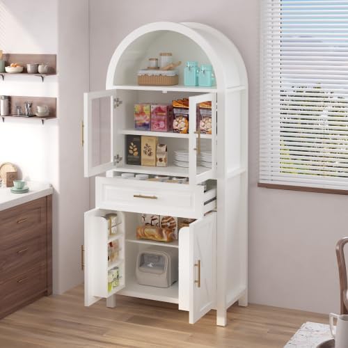 71" Tall Arched Pantry Cabinet, Farmhouse Kitchen Storage Cabinets with ...