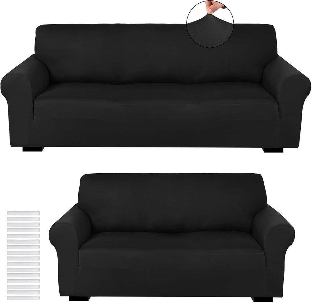 Peryiter 2 Pcs Couch and Loveseat Sofa Covers,Black,Milk Silk