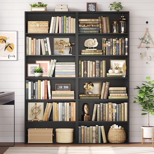 FOTOSOK 6 Tier Tall Bookshelf and Bookcase with Open Display Shelves, Black