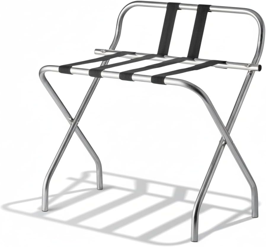 Folding Luggage Rack, Heavy-Duty Metal Frame, Foldable Suitcase Stand for Hotel Guest Room, Travel Bag Holder, Space-Saving Design (Chrome, With Back / Guard)