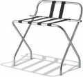 Folding Luggage Rack, Heavy-Duty Metal Frame, Foldable Suitcase Stand for Hotel Guest Room, Travel Bag Holder, Space-Saving Design (Chrome, With Back / Guard)