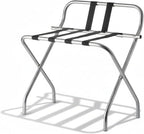 Folding Luggage Rack, Heavy-Duty Metal Frame, Foldable Suitcase Stand for Hotel Guest Room, Travel Bag Holder, Space-Saving Design (Chrome, With Back / Guard)