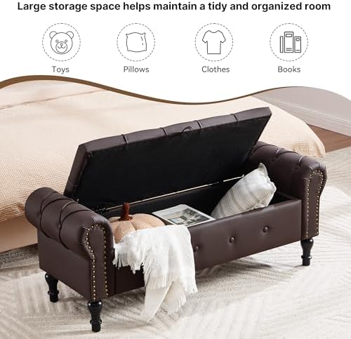Storage Bench 51" Faux Leather End of Bed Benches Dark Brown | Queen Siz...