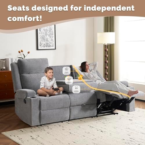 Chenille Reclining Sofa 3-Seater with Convertible Table, Storage Ottoman &amp...