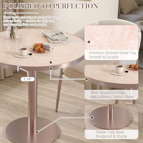 31.5'' Tulip Table, Round Dining Table with Glossy Sintered Stone Tabletop | Rose Gold Aluminum Alloy Edge & Pedestal, Small Bistro Table for Dining Room/Café/Small Spaces/Restaurant (Blush Onyx)