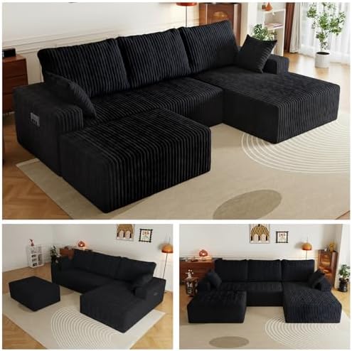 108" U-Shape Modular Sectional Cloud Couch with Ottoman, Deep Seat Couch...