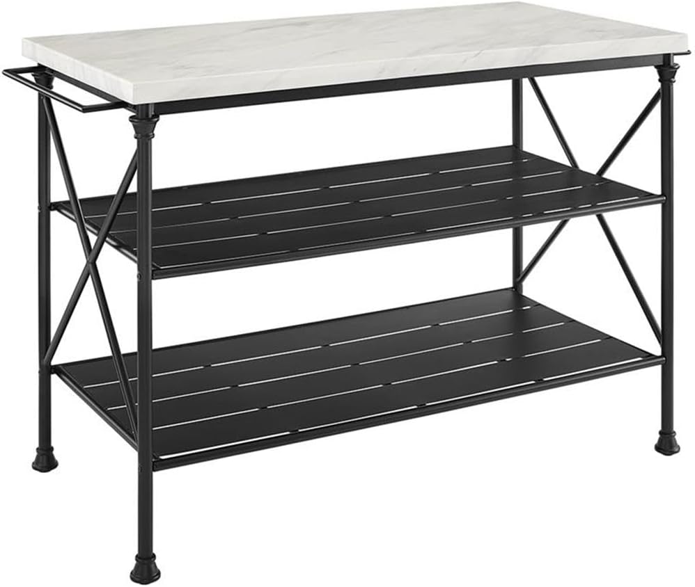 Pemberly Row Kitchen Island, Matte Black Steel Base, White Faux Marble Top, 5...