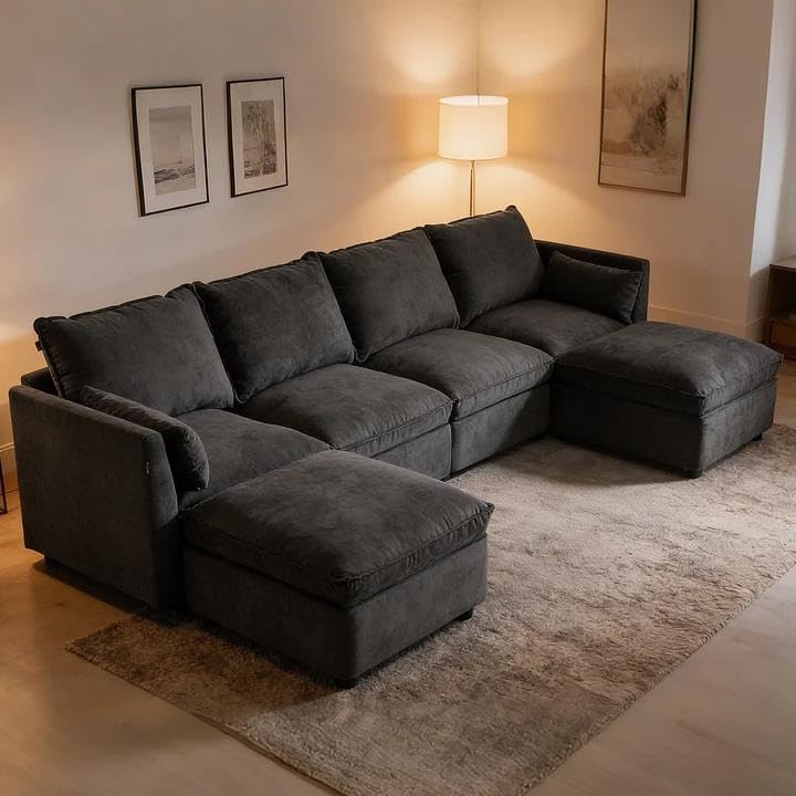 Furnimart 111" Modular Sectional Sofa with Full Seat Storage, U-Shaped 6-Seater Deep Seat Couch with Chenille Fabric Sectional with 2 Movable Ottomans for Living Room, Black