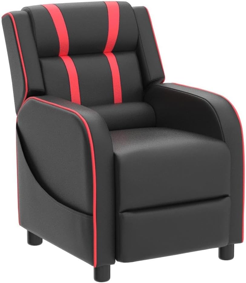 Costzon Kids Recliner, Gaming Recliner Chair w/Side Pockets, Footrest, Headrest & Lumbar Support for Kids Room & Play Room, Adjustable Racing Style Leather Sofa for Children Boys Girls (Red, Black)