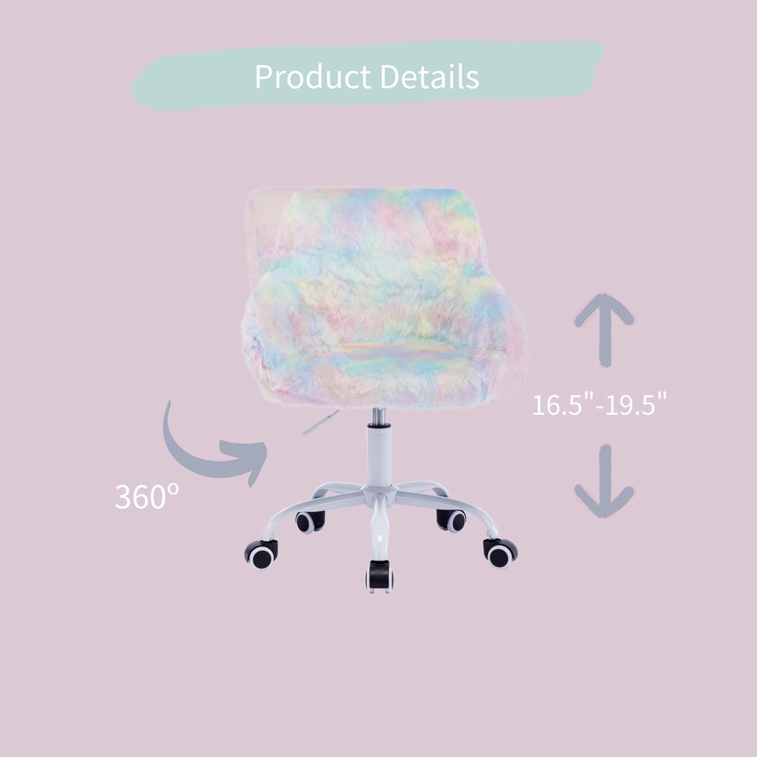 HEAH-YO Swivel Kids Chair with Wheels, Adjustable Kid Desk Chair with Arms, Cute Faux Fur Kids Study Chairs for Boys and Girls, Rainbow Color