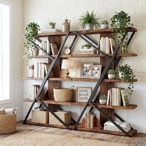 FUSUNBAO 5-Tier Industrial Bookshelf, Tall Wood and Metal Bookcase,Brown