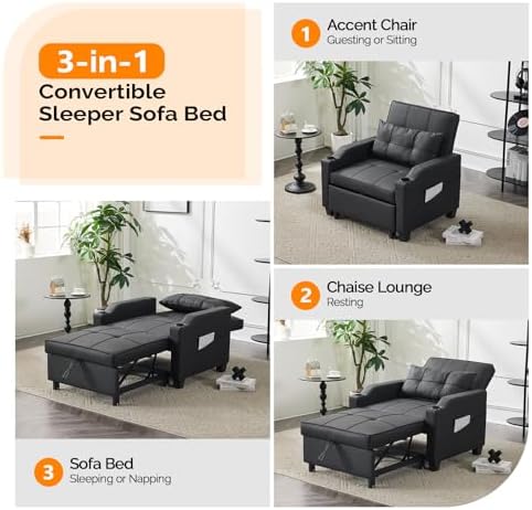 VINGLI Convertible Sleeper Chair Bed, Pull Out Sofa Couch for Living Room | B...