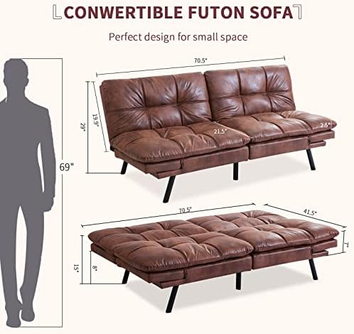 Opoiar Leather Futon Sofa Bed,Convertible Memory Foam Couch Bed,Futon Sets Da...